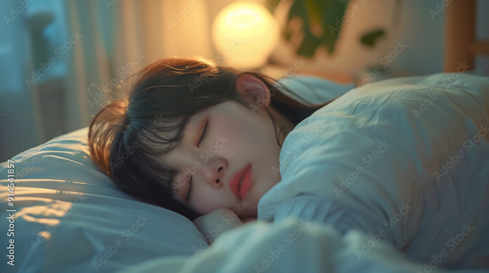 asian woman sleeping in bed at home, with a gentle snoring expression. asian woman sleeping in bed at home, with a gentle snoring expression.