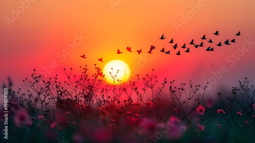 Stunning silhouette of flock of migrating bird specified if needed against backdrop of colorful sunset sky showcasing beauty of backlighting negative space bird photography 