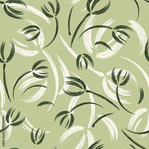 Seamless background with tulips. Flowers hand drawn cute simple pastel background. Ink sketch. Black and white olive green background for botanical design