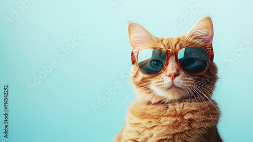 Profile view of cat in sunglasses against blue backdrop