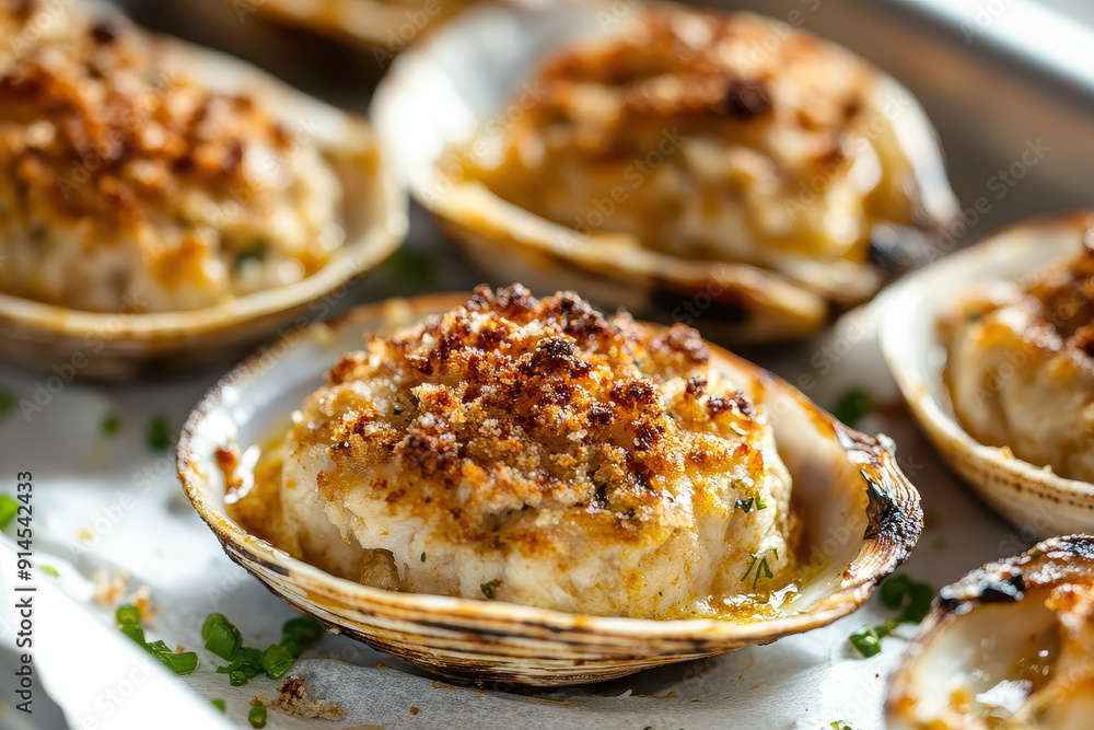 Close-up of baked stuffed clams topped with golden-brown breadcrumbs, arranged in a tray, capturing the delicious texture and savory appeal. Close-up of baked stuffed clams topped with golden-brown breadcrumbs, arranged in a tray, capturing the delicious texture and savory appeal.