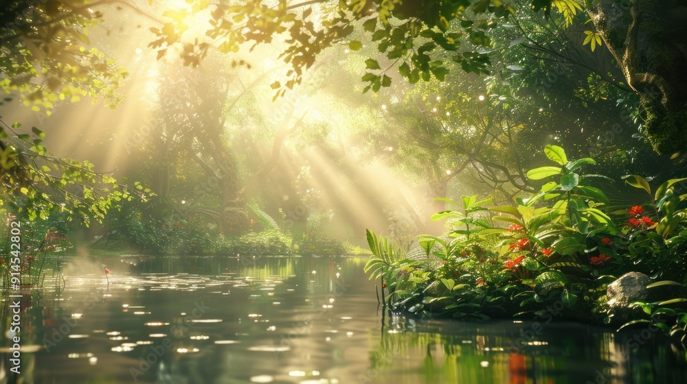 Fototapeta premium Sunbeams Through Lush Jungle