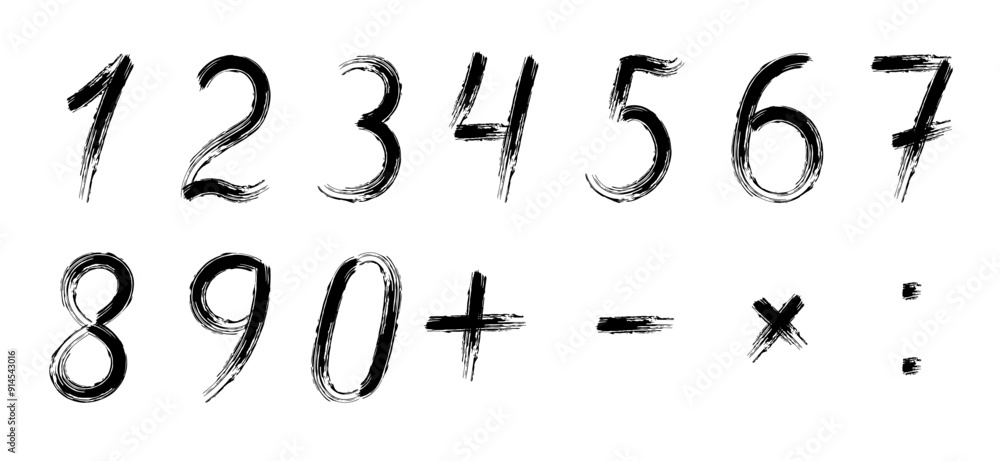 Brush drawn numbers. Grunge style numbers from 0 to 9. Plus, multiplication Brush drawn numbers. Grunge style numbers from 0 to 9. Plus, multiplication