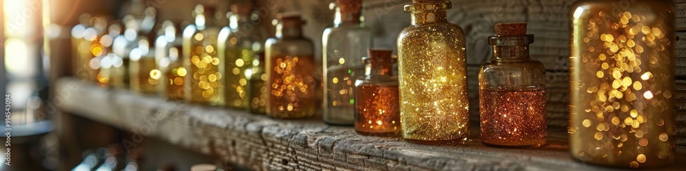 Wizard Fantasy Decoration Style with Gold Glitter Potions on Shelf Selective Focus on One Bottle Wizard Fantasy Decoration Style with Gold Glitter Potions on Shelf Selective Focus on One Bottle