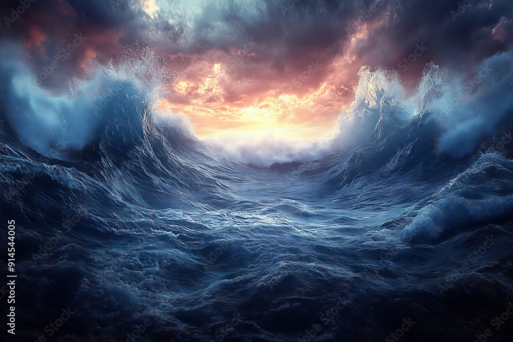 Fototapeta premium Majestic ocean wave crashing under dramatic sunset sky