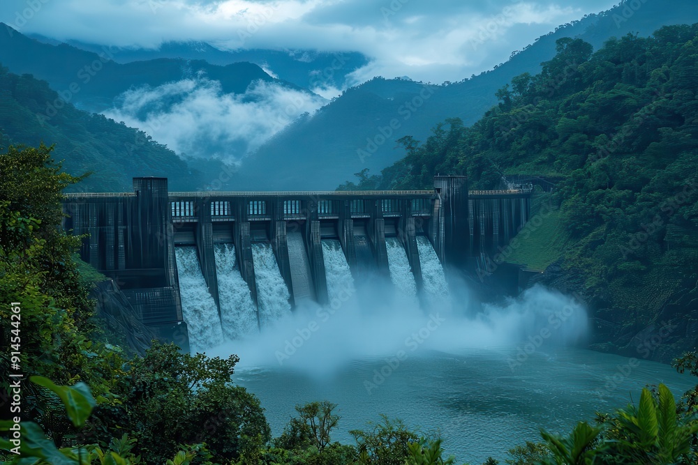 majestic hydroelectric dam with thundering waterfall mist rising dramatically surrounded by lush forested mountains under stormy skies majestic hydroelectric dam with thundering waterfall mist rising dramatically surrounded by lush forested mountains under stormy skies