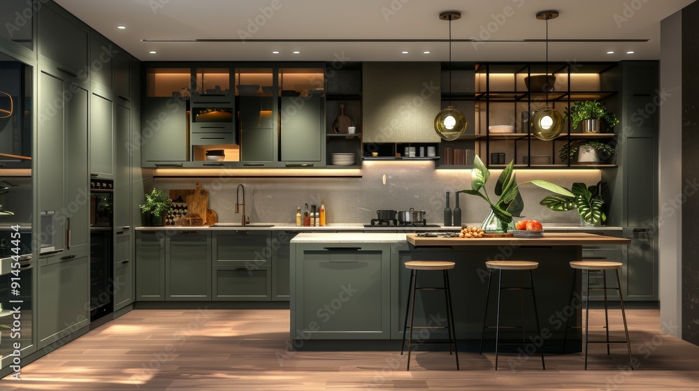A modern kitchen with a green color theme A modern kitchen with a green color theme
