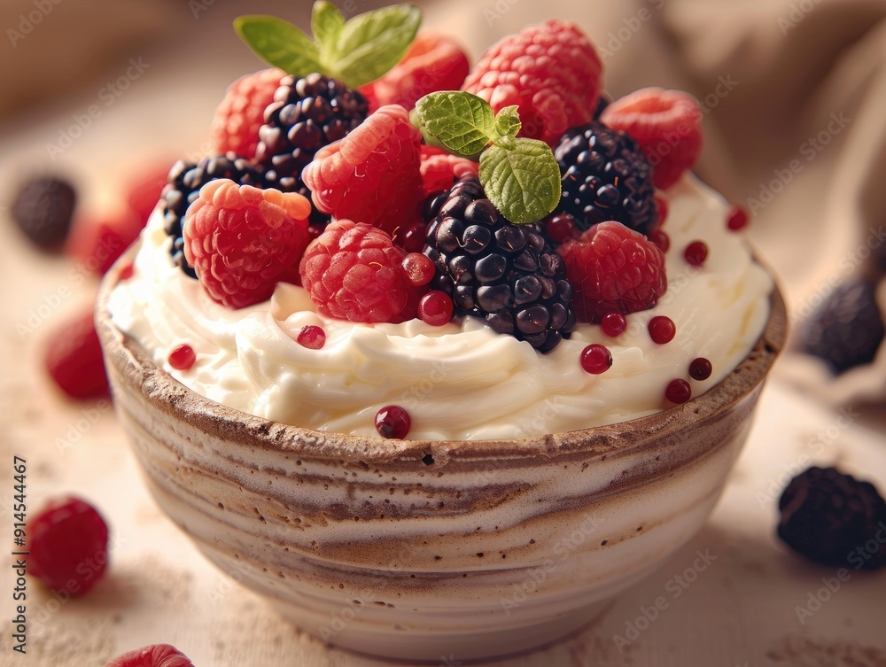 A bowl of whipped cream topped with fresh raspberries and blackberries, garnished with mint leaves. A bowl of whipped cream topped with fresh raspberries and blackberries, garnished with mint leaves.