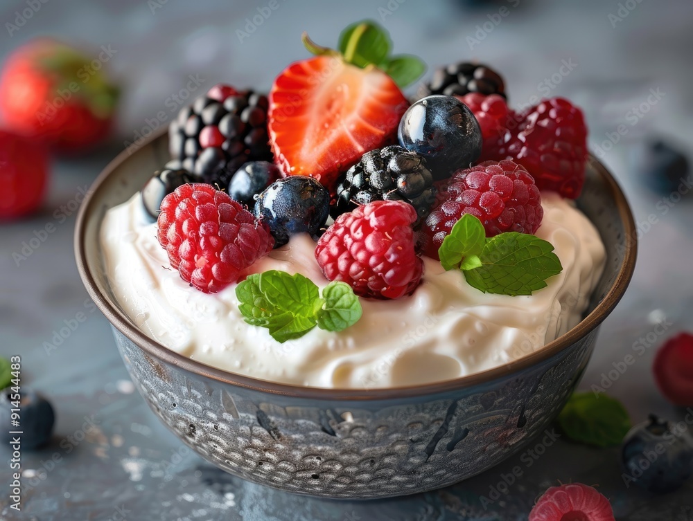 A bowl of yogurt topped with fresh berries and mint leaves. A bowl of yogurt topped with fresh berries and mint leaves.