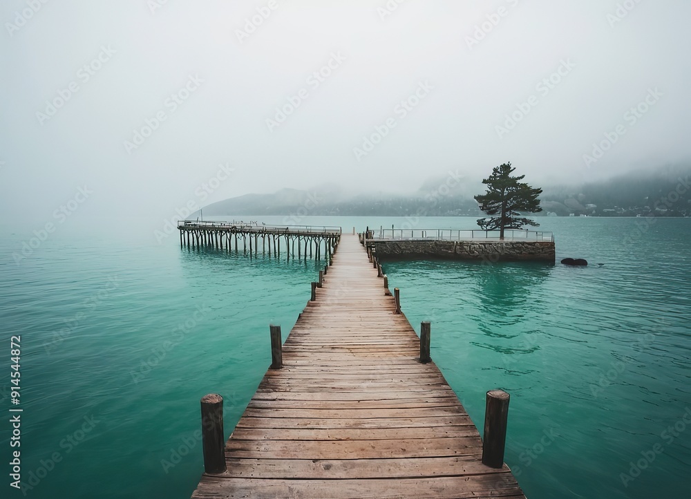 A Beautiful Serene Lake View Featuring a Wooden Pier Set Within a Misty Landscape Scene A Beautiful Serene Lake View Featuring a Wooden Pier Set Within a Misty Landscape Scene