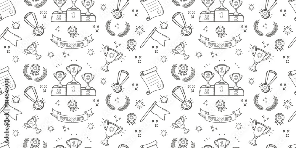 Doodle pattern sport. Background with linear symbols of winner. Black and white pattern with cups
