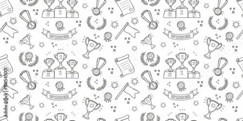 Doodle pattern sport. Background with linear symbols of winner. Black and white pattern with cups