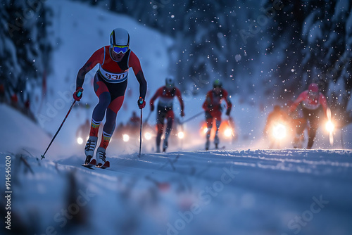 Competitive Nordic Combined Athletes Race Through Snowy Landscape At Dusk Under Glistening Snowfall photo