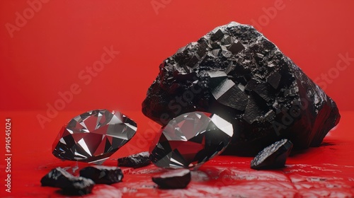 un tas de charbon Ã  cÃ´tÃ© d'un diamant, deux sortes de carbone - fond rouge photo