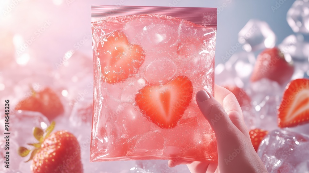 Fototapeta premium Fresh Strawberries Surrounded by Ice Chunks in a Clear Bag During Bright Daylight