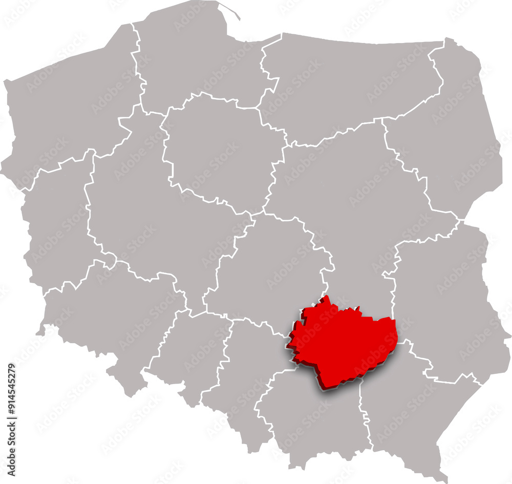 HOLY CROSS PROVINCE of POLAND 3d isometric map WITH ADMINISTRATIVE DIVISIONS