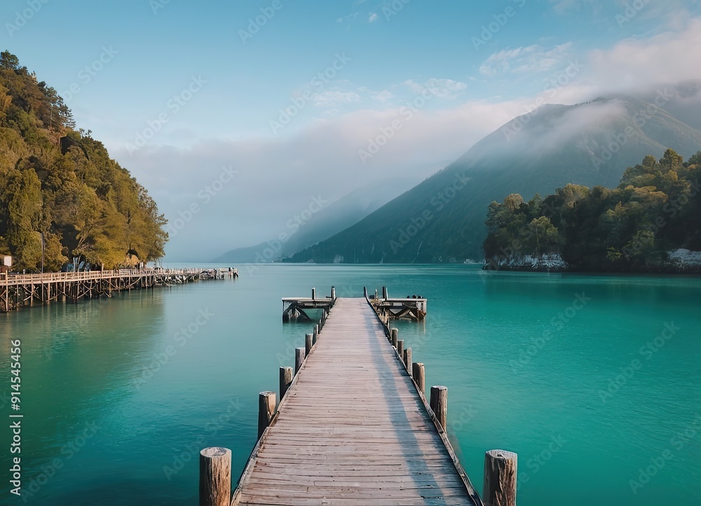 A Beautiful Serene Lake View Featuring a Wooden Pier Set Within a Misty Landscape Scene A Beautiful Serene Lake View Featuring a Wooden Pier Set Within a Misty Landscape Scene