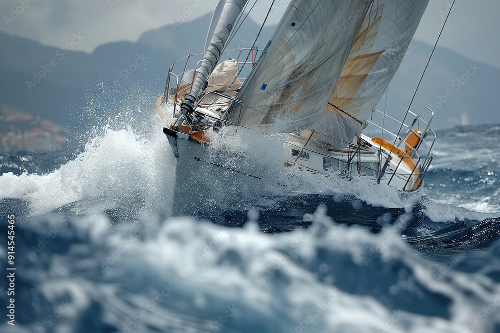 Obraz premium Breathtaking moments of sailing yachts racing amidst chaotic ocean waves