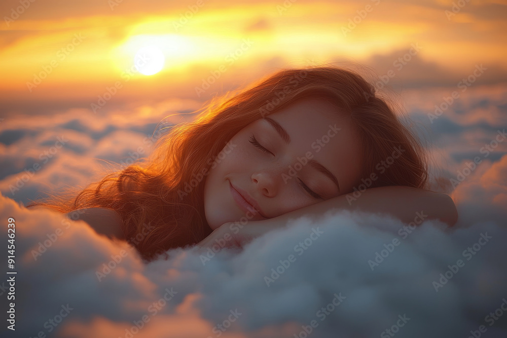 A Beautiful Woman Sleeping on a Cloud Above a Tranquil Landscape at Sunset. A Beautiful Woman Sleeping on a Cloud Above a Tranquil Landscape at Sunset.