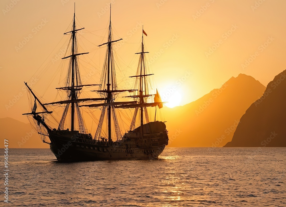 Fototapeta premium A Majestic Sailing Ship Gliding Gracefully at Sunset Over Tranquil, Reflective Waters