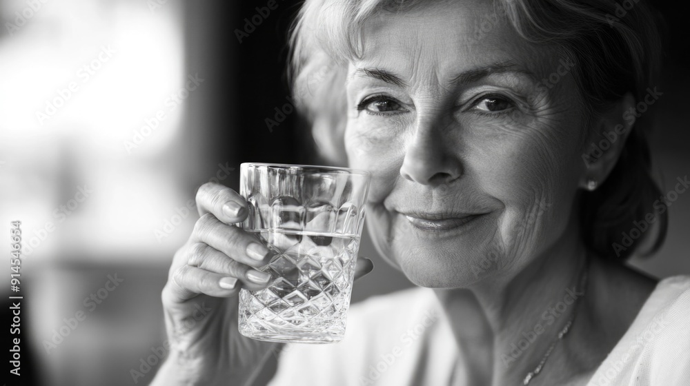 A woman holds a glass of water in her hand, ready for a refreshing drink A woman holds a glass of water in her hand, ready for a refreshing drink