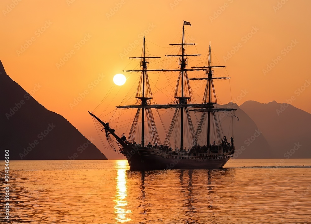 Fototapeta premium A Majestic Sailing Ship Gliding Gracefully at Sunset Over Tranquil, Reflective Waters