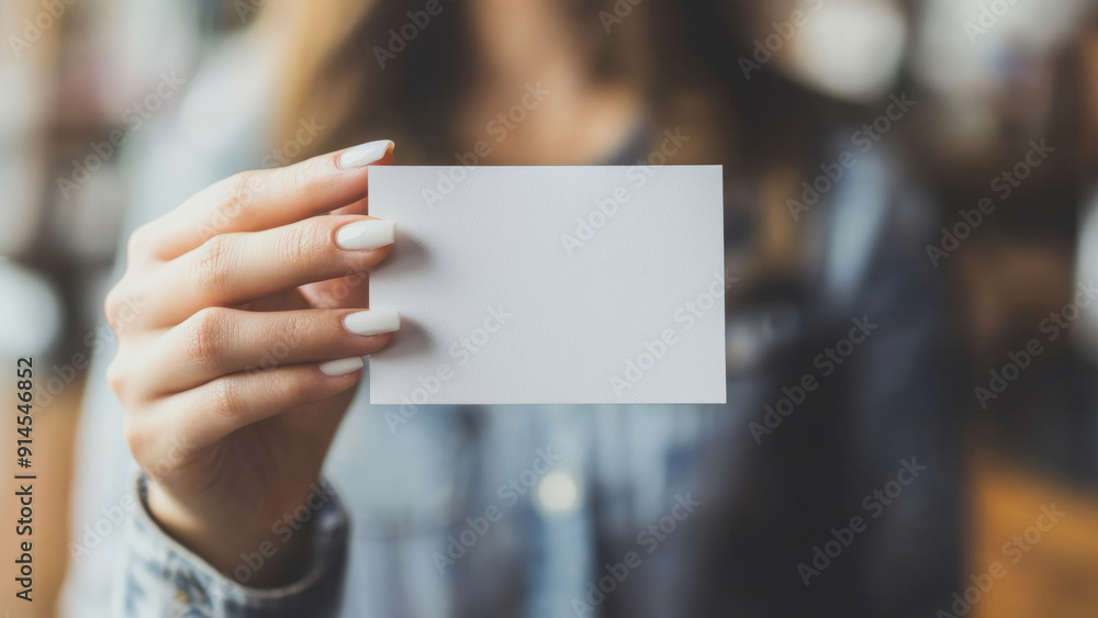 Woman Holding Blank Business Card with Manicured Nails Woman Holding Blank Business Card with Manicured Nails