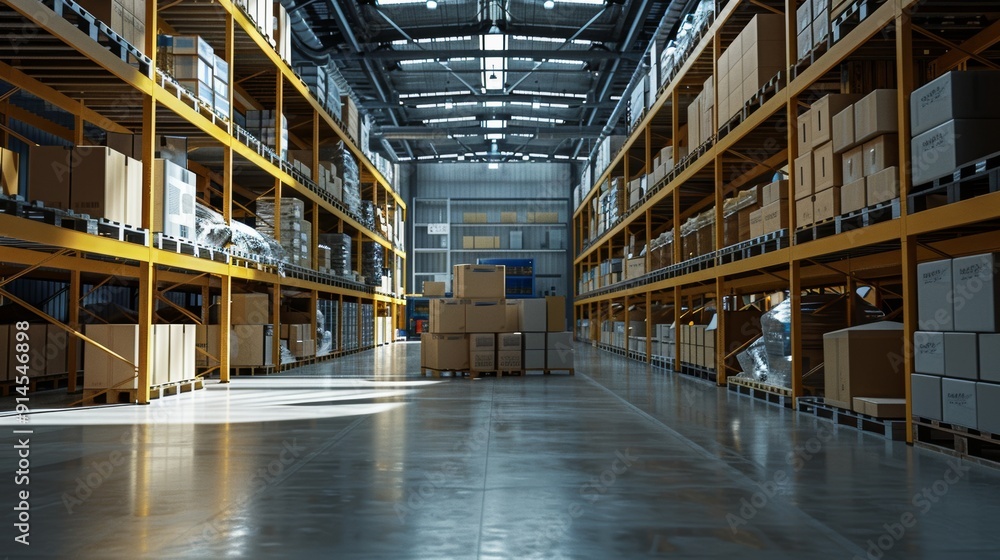 A large warehouse with many boxes stacked on shelves A large warehouse with many boxes stacked on shelves