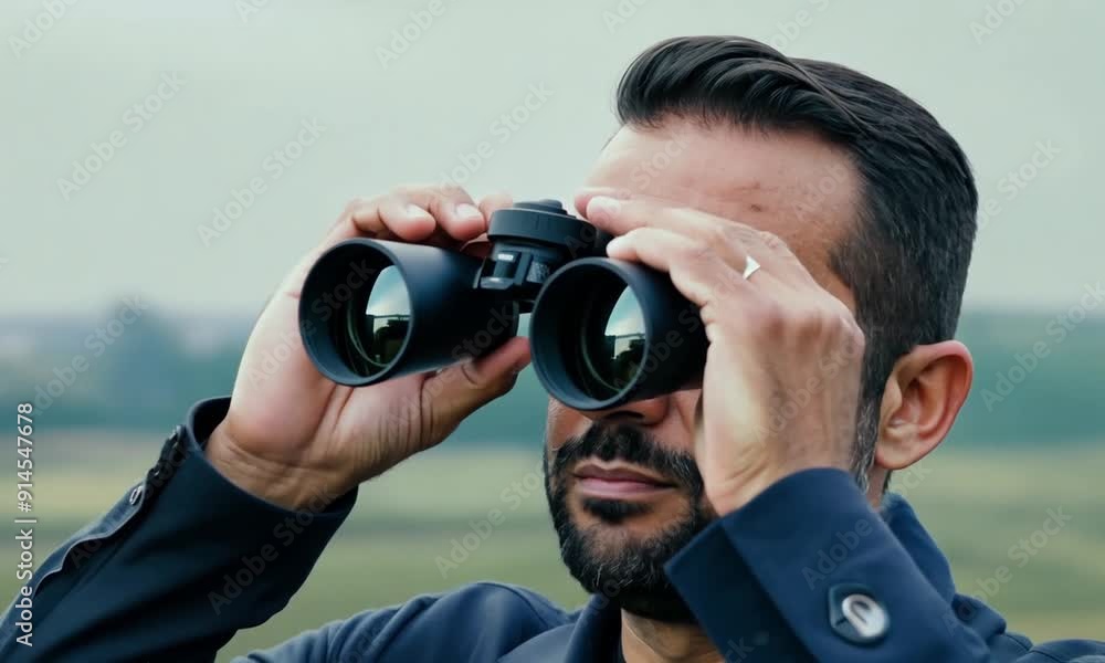 A man looks through binoculars
