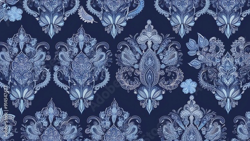 A seamless pattern with ornate, intricate floral and paisley motifs in shades of blue and white