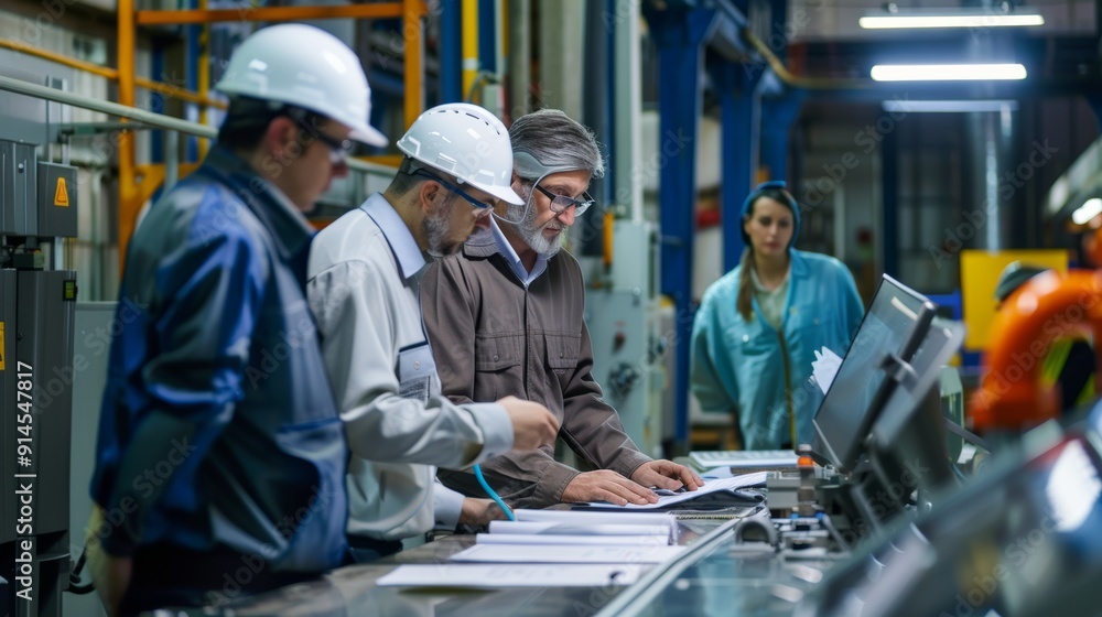 A group of men are working on a project in a factory A group of men are working on a project in a factory