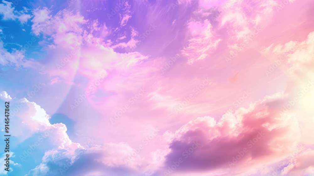 Obraz premium Pastel Pink and Purple Sky Background with Summer Clouds, Rainbow, and Smooth Texture