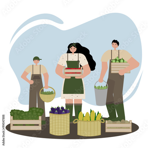 Vector illustration on white background showing a family with parents and son collecting their vegetable harvest with baskets with corn, peas, eggplant, zucchini, broccoli, potatoes, and tomatoes