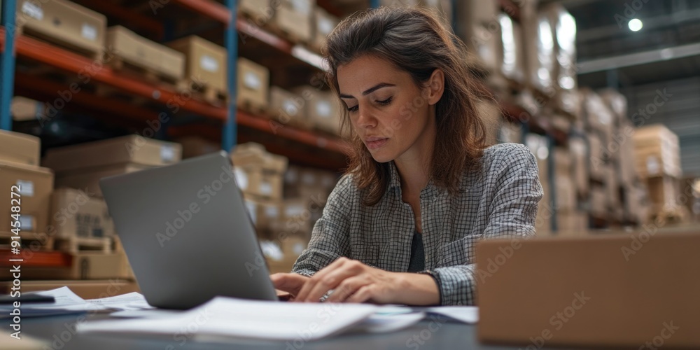 A woman sits at a desk in a warehouse, typing away on her laptop A woman sits at a desk in a warehouse, typing away on her laptop