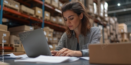 A woman sits at a desk in a warehouse, typing away on her laptop