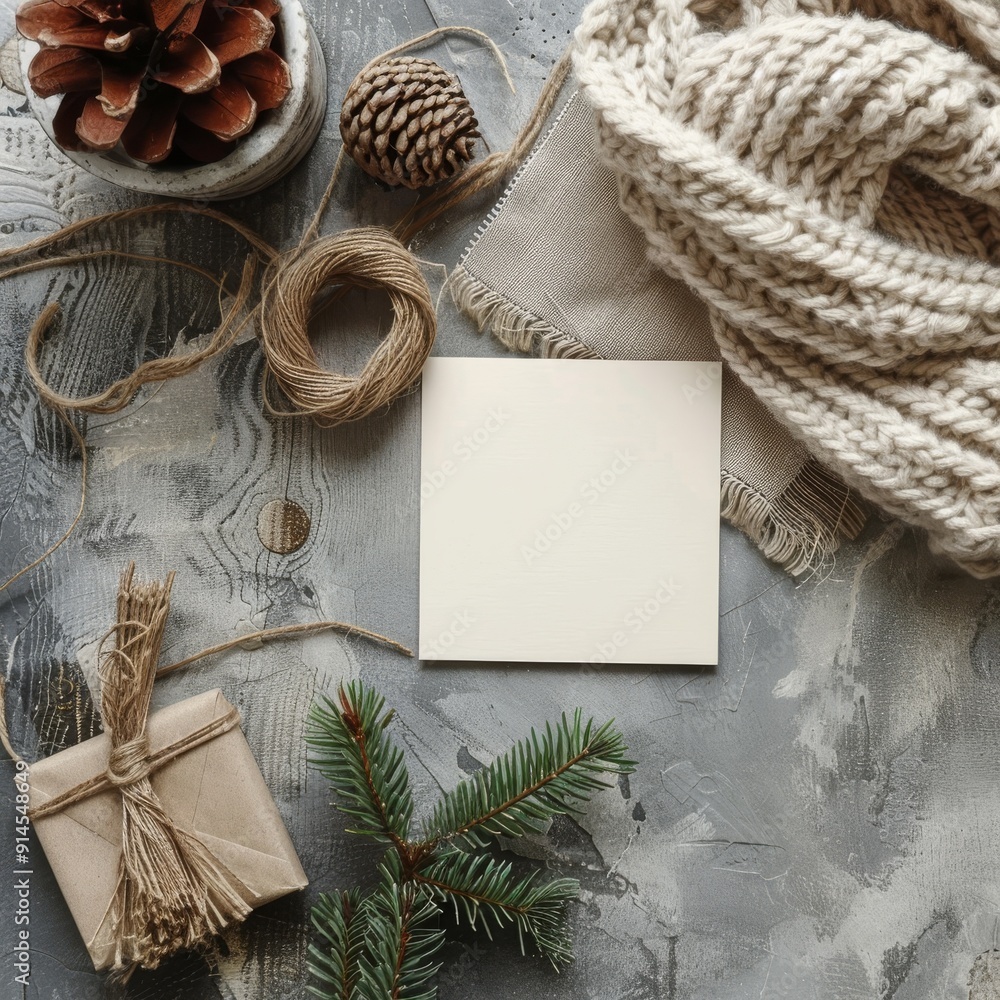 Christmas decorations with a knitted scarf, pine branch, twine, craft envelope, a blank greeting Christmas decorations with a knitted scarf, pine branch, twine, craft envelope, a blank greeting
