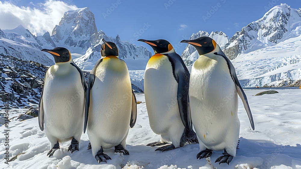 Fototapeta premium Antarctic landscape dotted adorable Emperor Penguins Aptenodytes forsteri huddling together warmth vast expanse of ice snowcapped mountain distance 