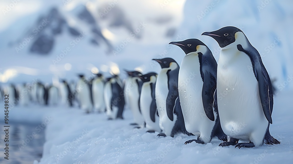 Obraz premium Antarctic landscape dotted adorable Emperor Penguins Aptenodytes forsteri huddling together warmth vast expanse of ice snowcapped mountain distance 