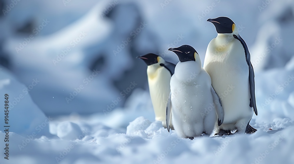 Fototapeta premium Antarctic landscape dotted adorable Emperor Penguins Aptenodytes forsteri huddling together warmth vast expanse of ice snowcapped mountain distance