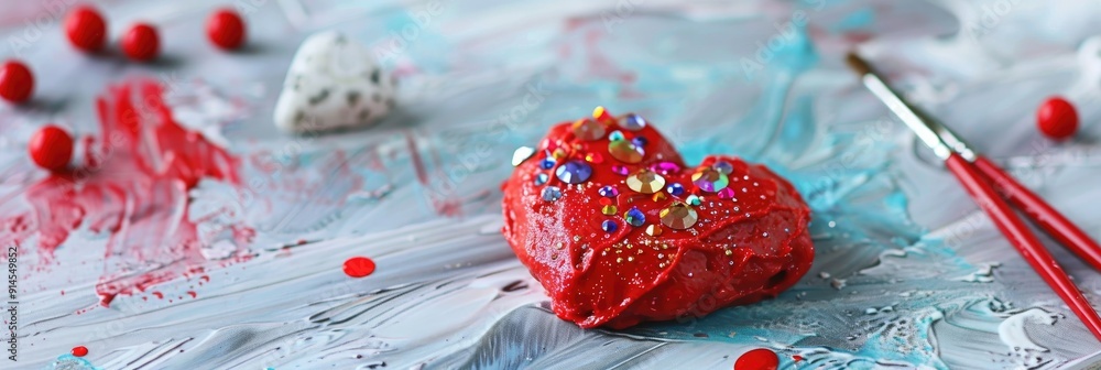 Fototapeta premium Valentine s Day craft with red heart made from play dough adorned with crystal rhinestones and shiny stones on the table Creative holiday art activity for toddlers