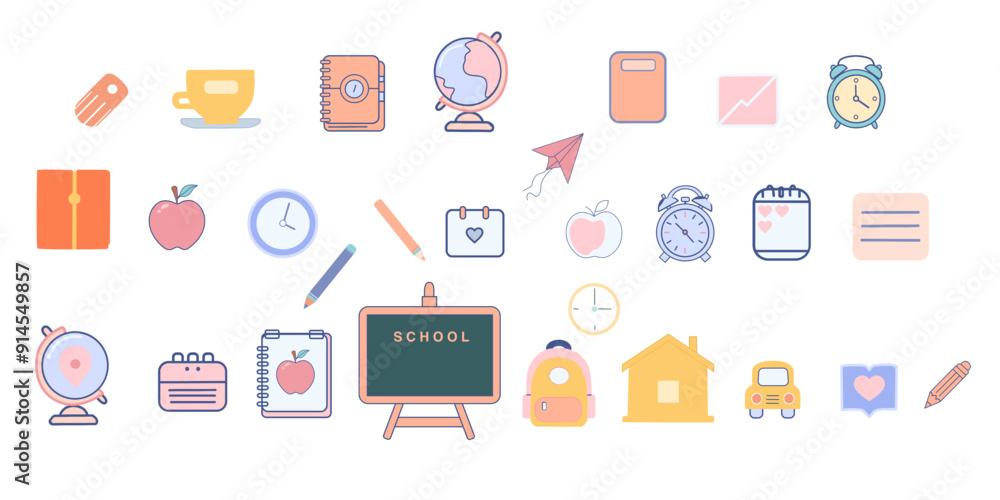 Colorful collection of school-themed icons, including a globe, notebooks, pencils, clocks, an apple, a backpack, and more. Perfect for illustrating classroom, student, university. Colorful collection of school-themed icons, including a globe, notebooks, pencils, clocks, an apple, a backpack, and more. Perfect for illustrating classroom, student, university.