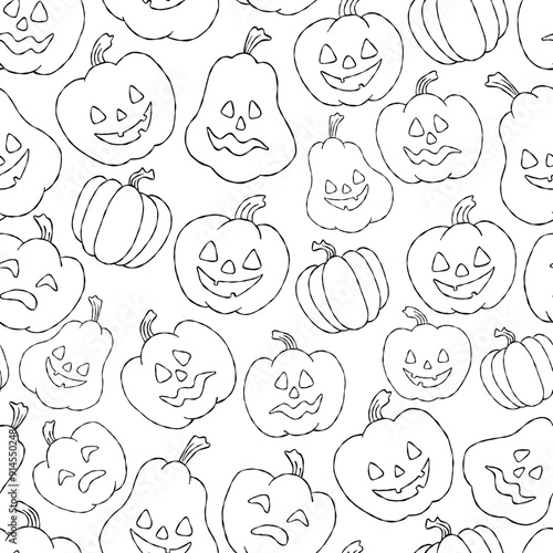 Halloween pumpkin line art, seamless pattern, coloring paper, outline cute pumpkins, thanks diving day