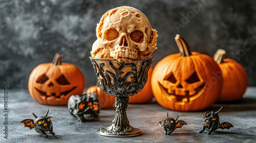 An eerie scene with a skull-shaped ice cream in a decorative cup, surrounded by carved pumpkins and mini bat sculptures, perfect for Halloween festivities. photo