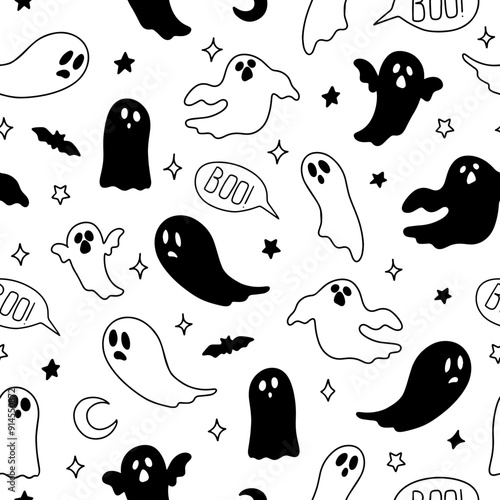 Cute Halloween ghosts line art pattern, black and white seamless pattern, boo, moon, ghost, stars