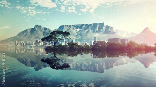 Captivating double exposure image blending the striking natural landscapes and diverse wildlife of Cape Town,South Africa,creating an ethereal and spellbinding visual experience. photo