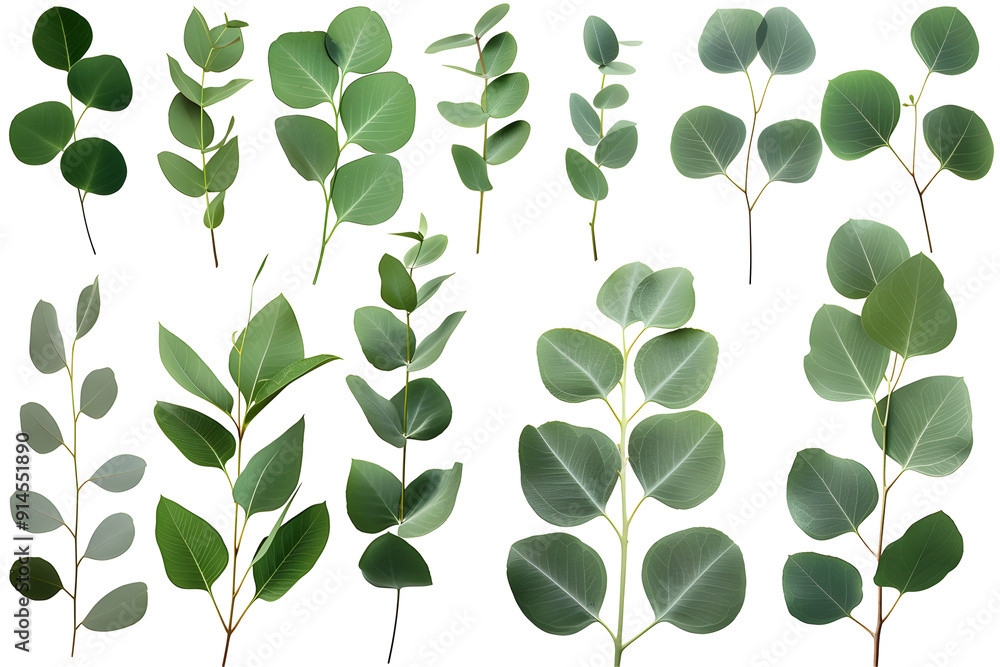 Obraz premium Set of eucalyptus twigs with leaves isolated on transparent background. PNG, cutout. Clipart collection of green plant branches.