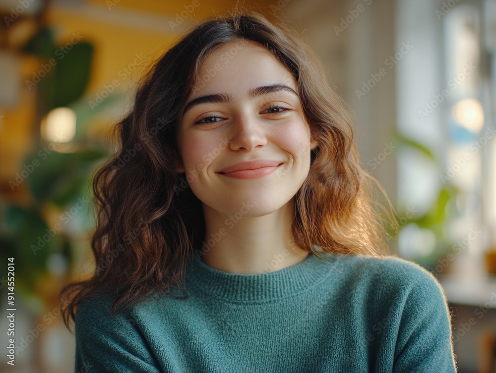 A happy woman wearing a green sweater smiles directly into the camera A happy woman wearing a green sweater smiles directly into the camera
