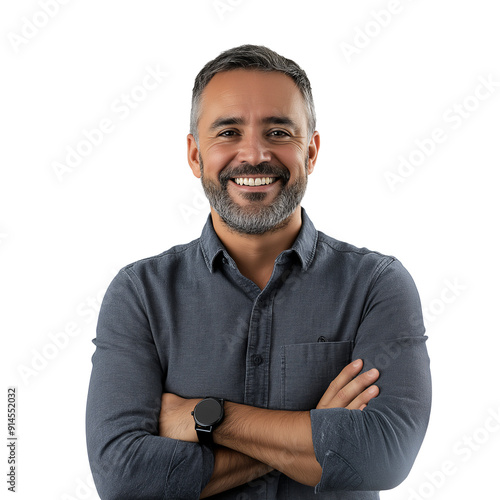 Close up portrait of middle age Hispanic man, smiling and arms crossed, transparent background, cut out