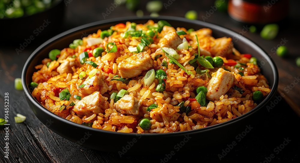A delicious and hearty serving of fried rice with chunks of chicken and an array of vegetables, garnished and served in a black bowl shot in closeup. A delicious and hearty serving of fried rice with chunks of chicken and an array of vegetables, garnished and served in a black bowl shot in closeup.