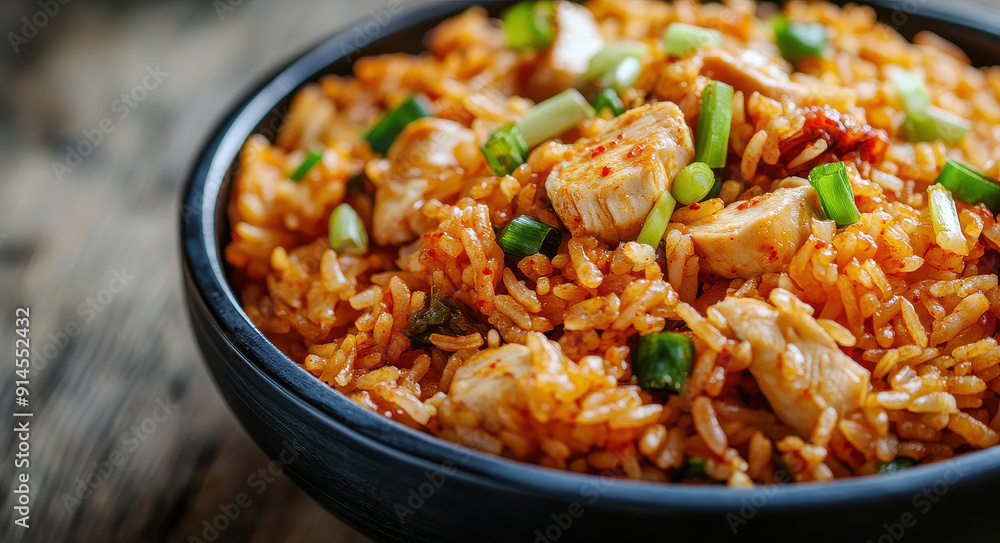 A close-up image of vibrant chicken fried rice, showcasing an assortment of vegetables and garnished with green onions, served in a black bowl. A close-up image of vibrant chicken fried rice, showcasing an assortment of vegetables and garnished with green onions, served in a black bowl.